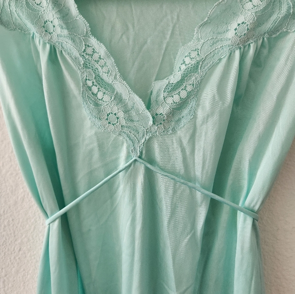 Vintage 90s Light Blue Aqua Lace Trim Long Slip Chemise Dress Made In USA S - Picture 4 of 9